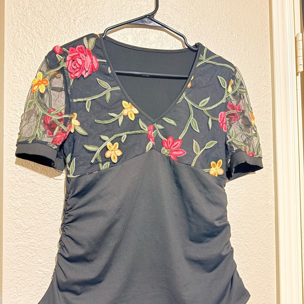 Floral Embroidered Black Top